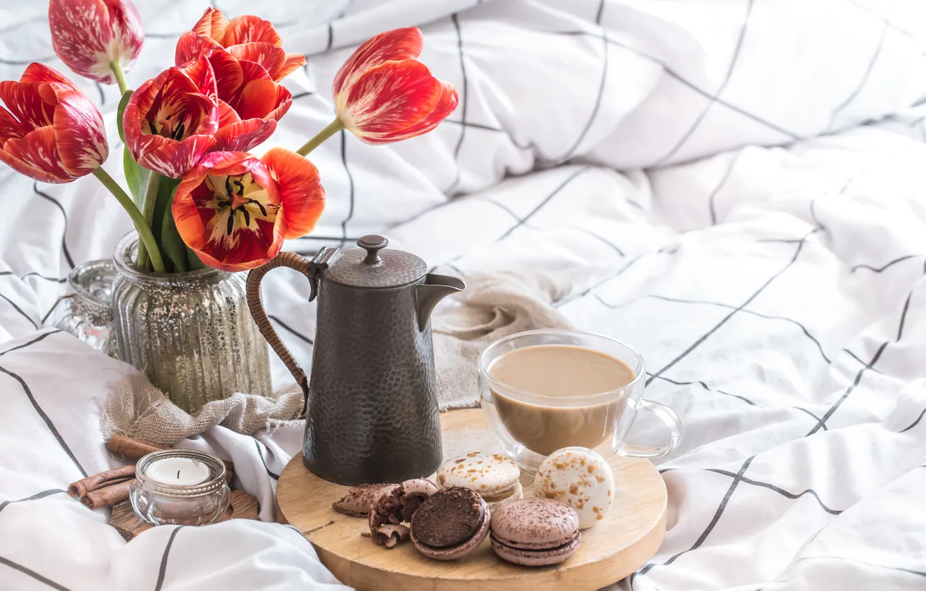 Photo wallpaper flowers, coffee, bouquet, cookies, bed, vase