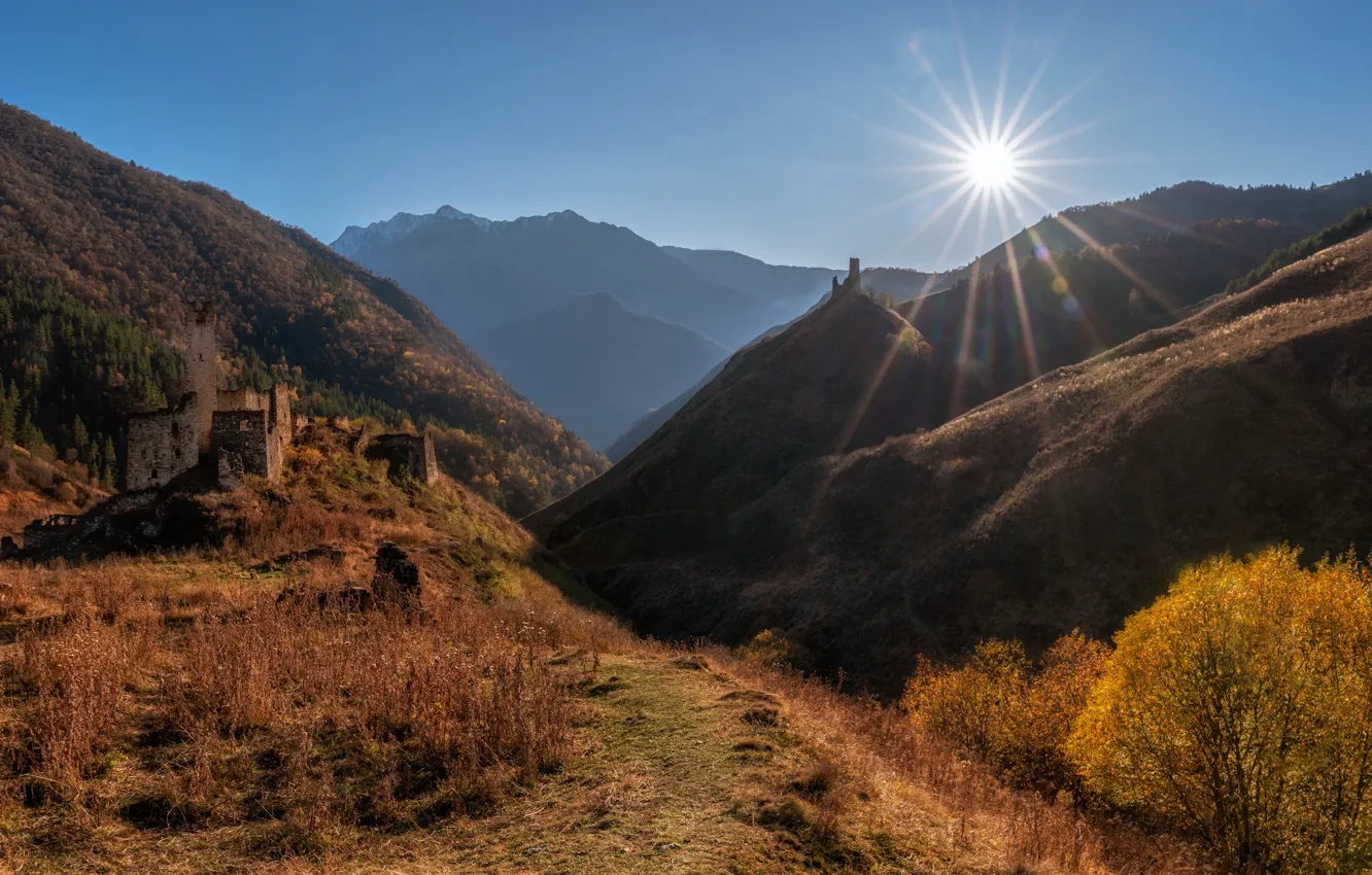 Photo wallpaper autumn, the sun, rays, landscape, mountains, nature, hills, the ruins