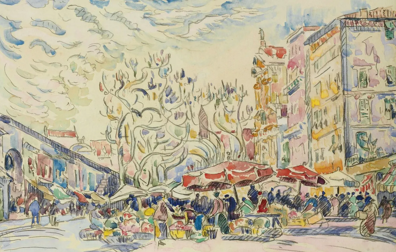 Photo wallpaper figure, watercolor, the urban landscape, Paul Signac, Paul Signac, Nice. Cours Saleya