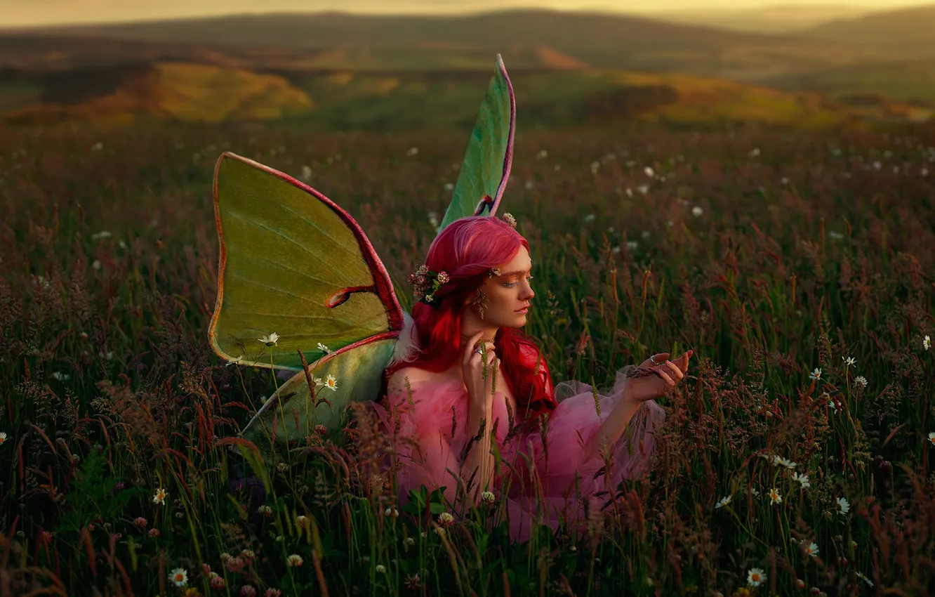 Photo wallpaper field, grass, girl, light, flowers, mountains, pose, style