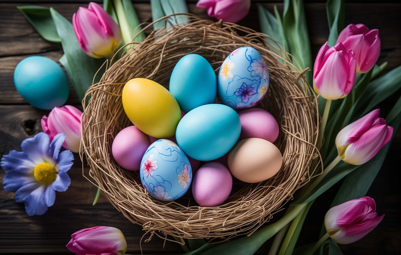 Photo wallpaper flowers, eggs, spring, colorful, Easter, happy, pink, flowers