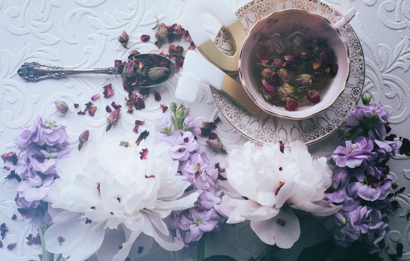 Photo wallpaper flowers, Cup, peonies, composition