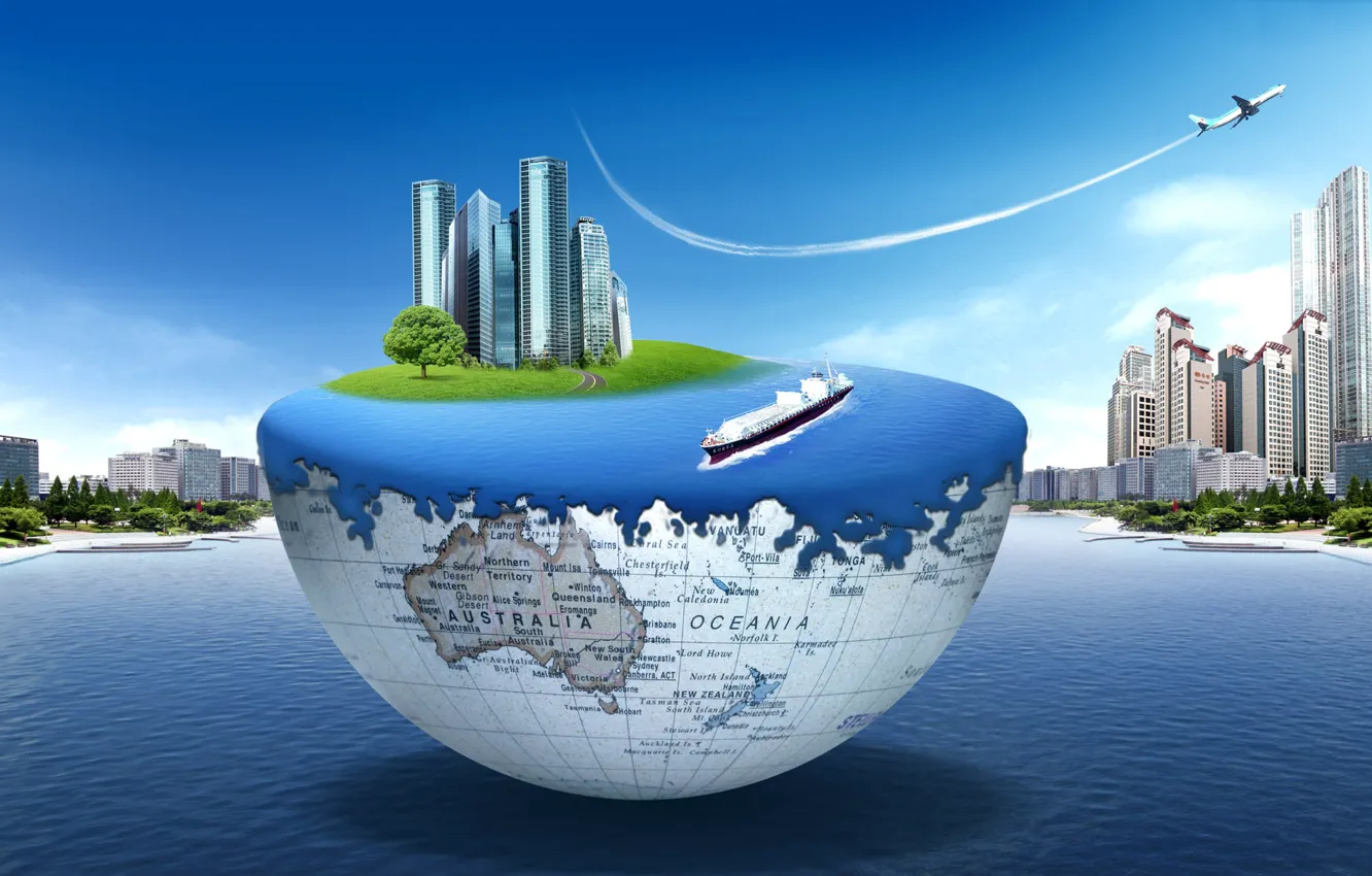 Photo wallpaper the city, the plane, collage, ship, journey, tourism