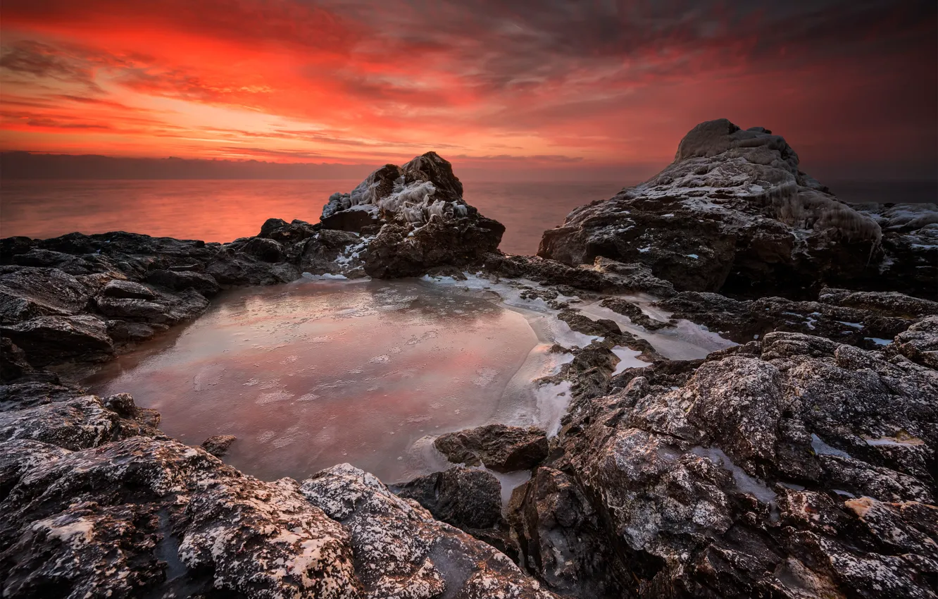 Photo wallpaper sea, beach, landscape, sunset, nature, sunrise, stones, rocks