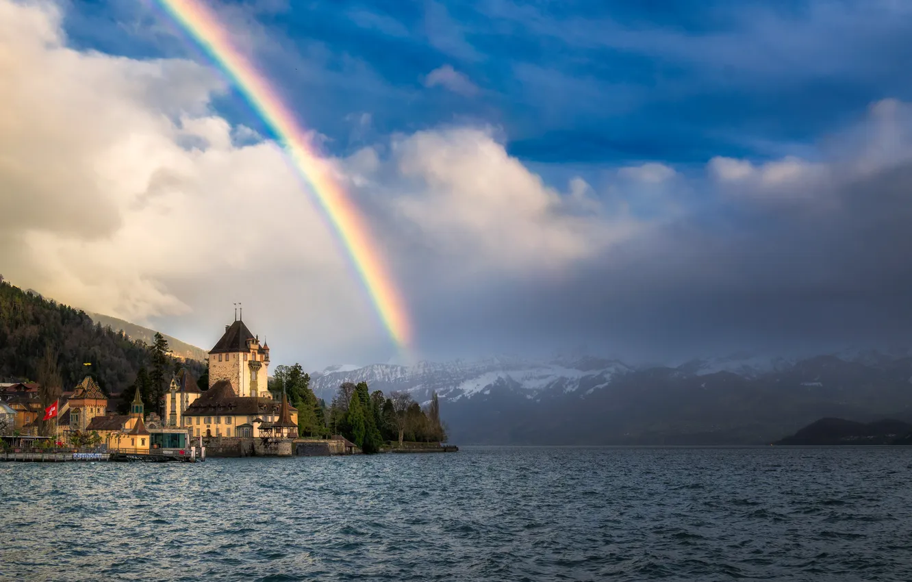 Photo wallpaper clouds, castle, rainbow, pond