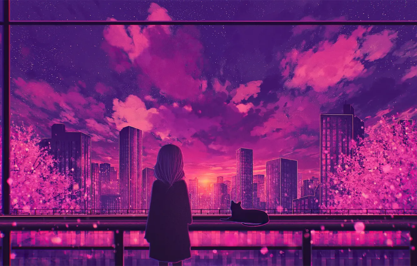 Photo wallpaper starry night, anime girls, city, the city, cherry blossom, pink, sunset, the evening