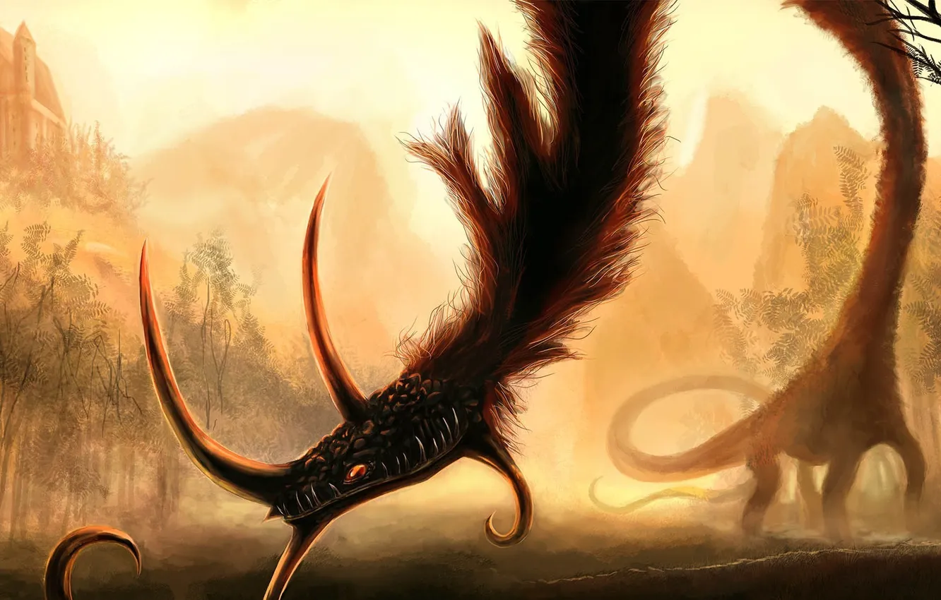 Photo wallpaper forest, face, castle, dragon, monster, art, neck