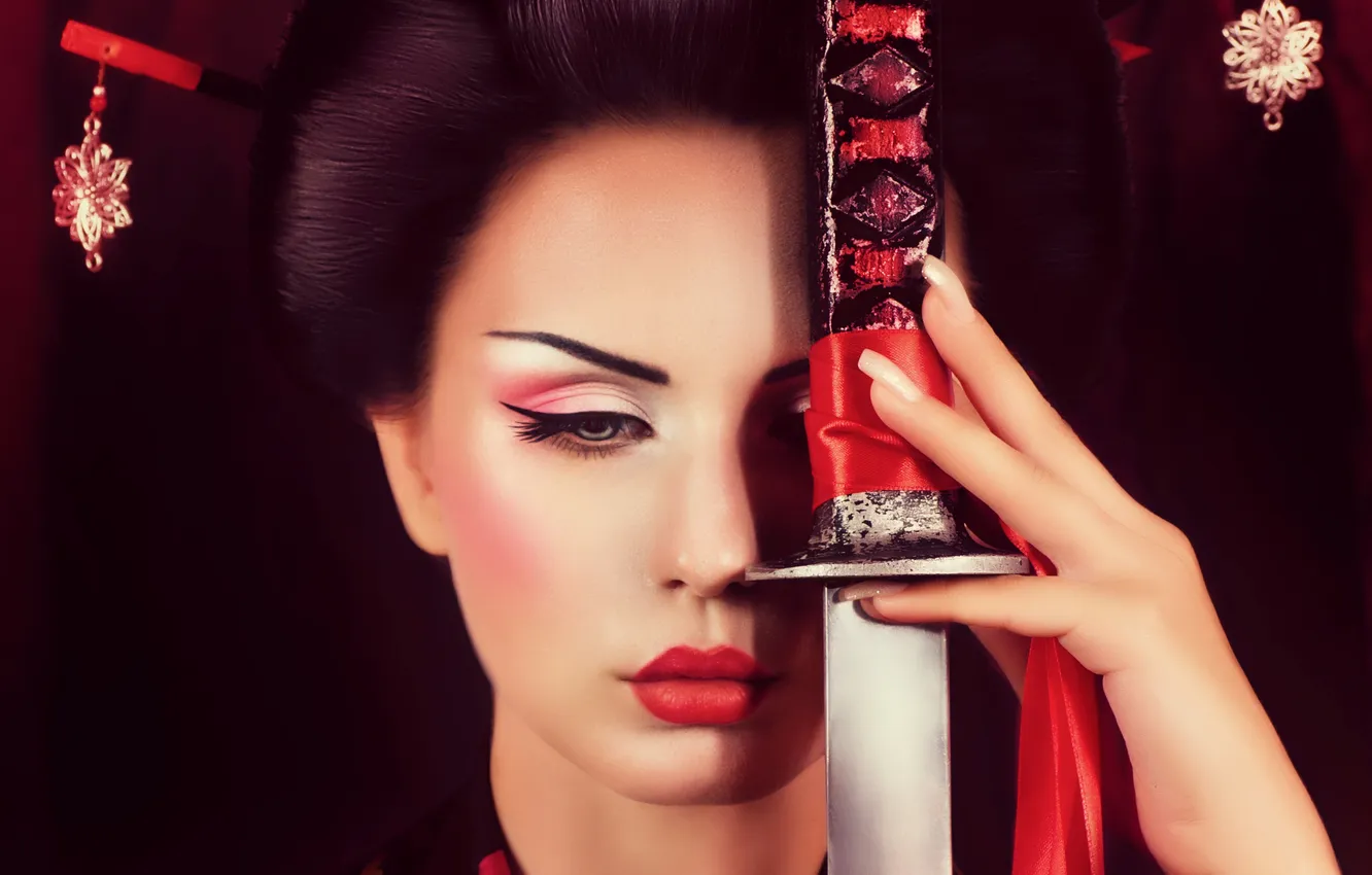 Photo wallpaper look, face, weapons, makeup, geisha