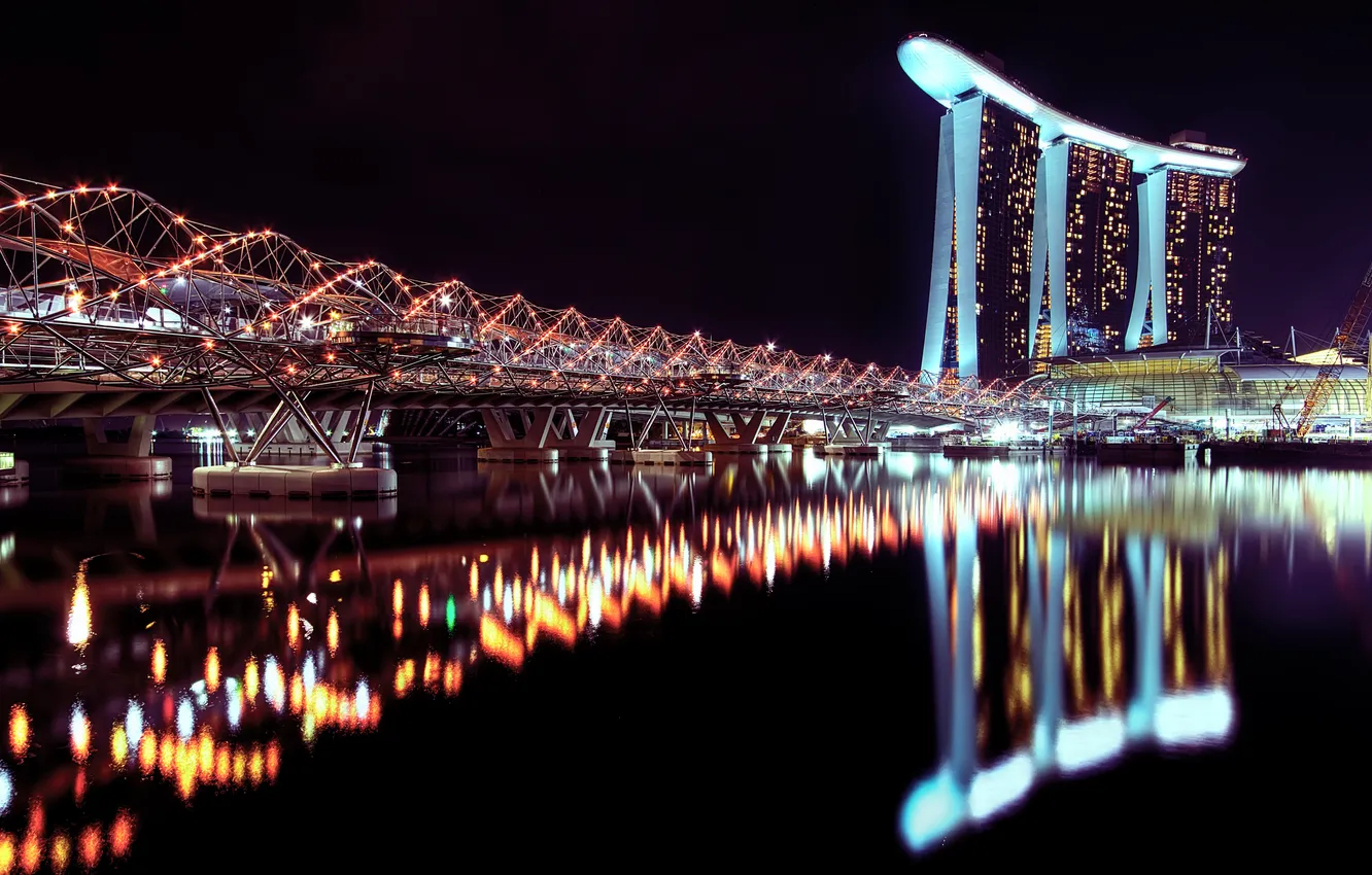 Photo wallpaper water, night, the city, lights, reflection, Singapore, the hotel