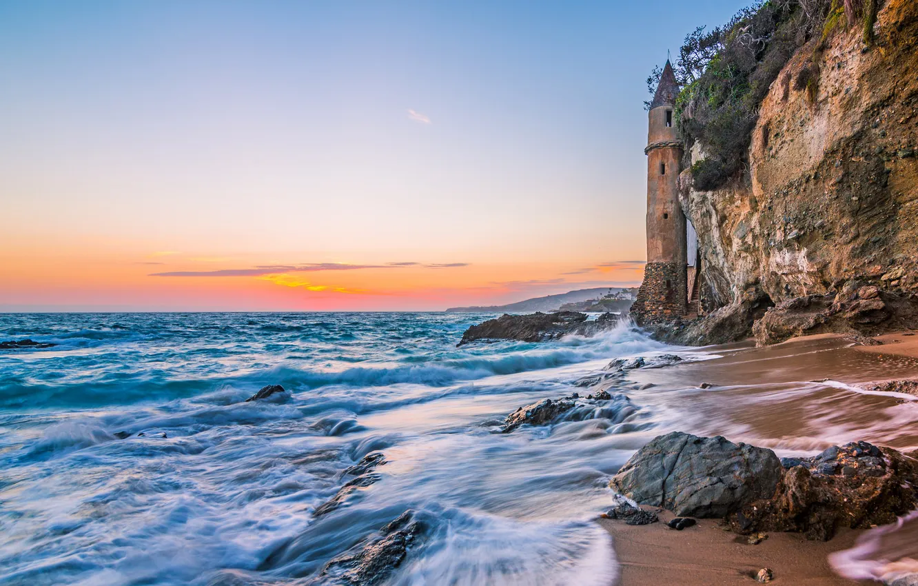 Photo wallpaper sea, mountains, stones, rocks, shore, Pirate tower