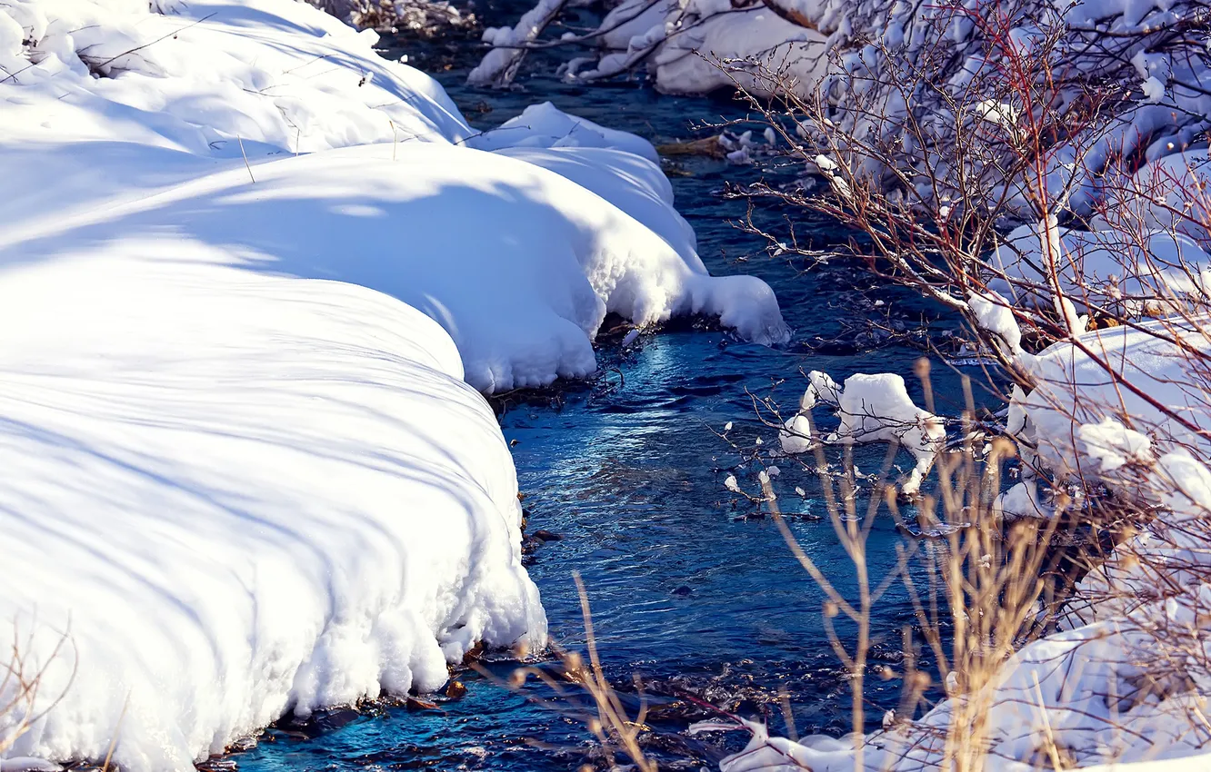 Photo wallpaper snow, branches, stream, photo, bo0xVn