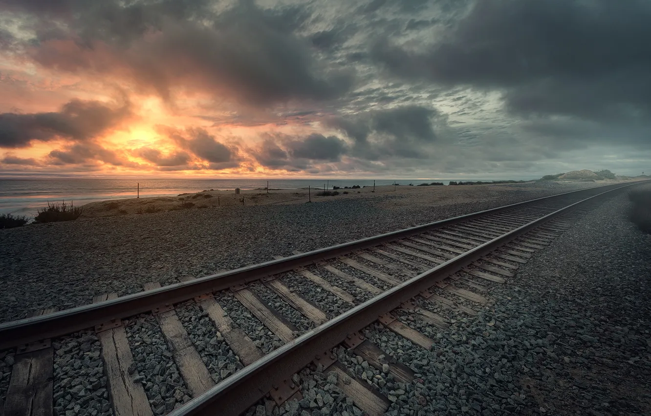 Photo wallpaper fog, morning, railroad