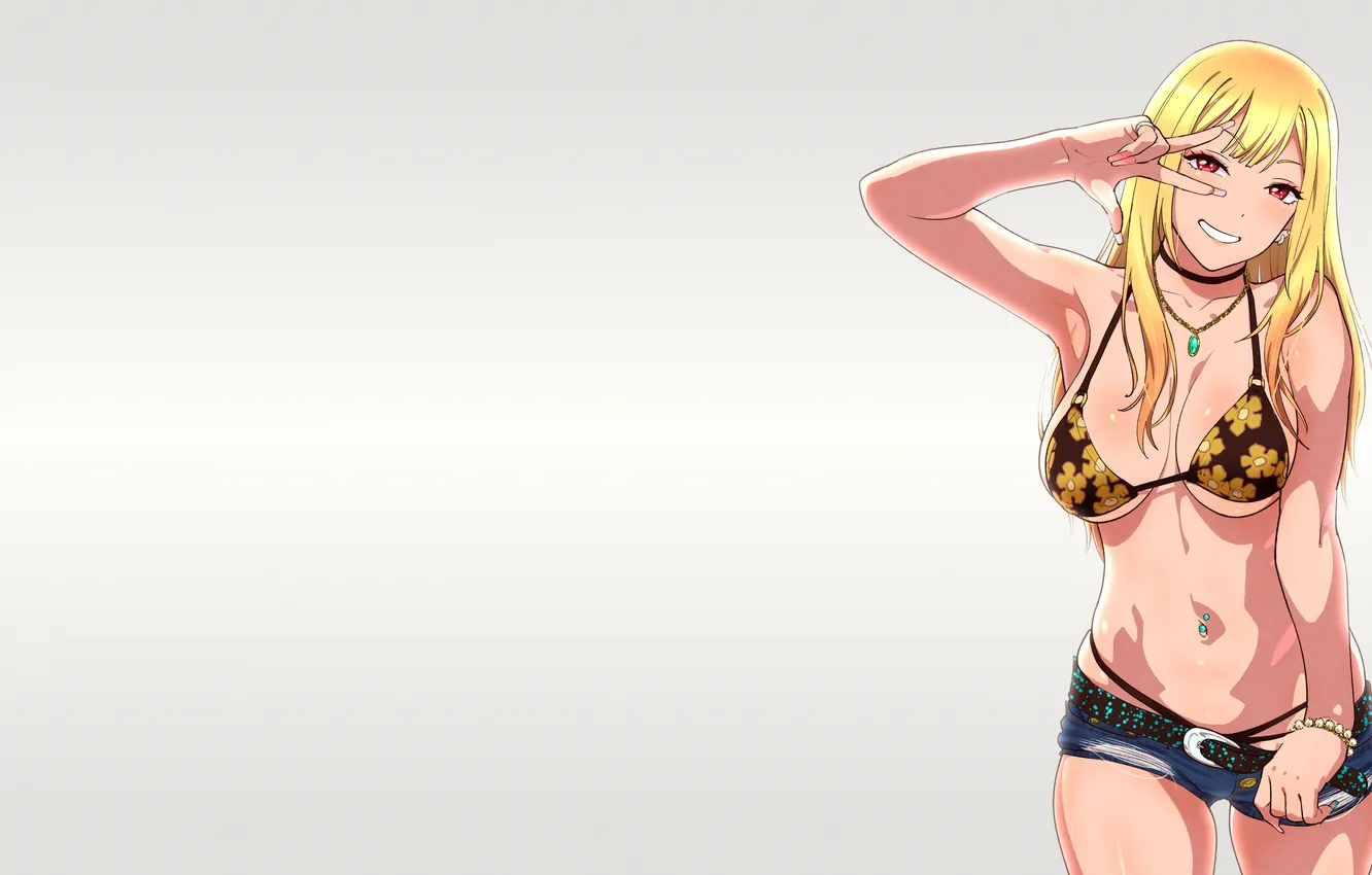 Photo wallpaper cleavage, red eyes, blonde, belly, smiling, thighs, Big boobs, painted nails