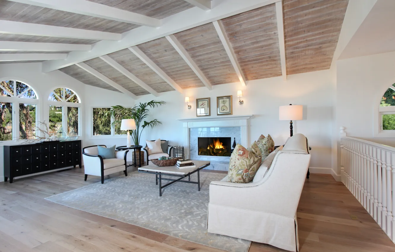 Photo wallpaper design, table, sofa, picture, pillow, lamp, fireplace, cottage