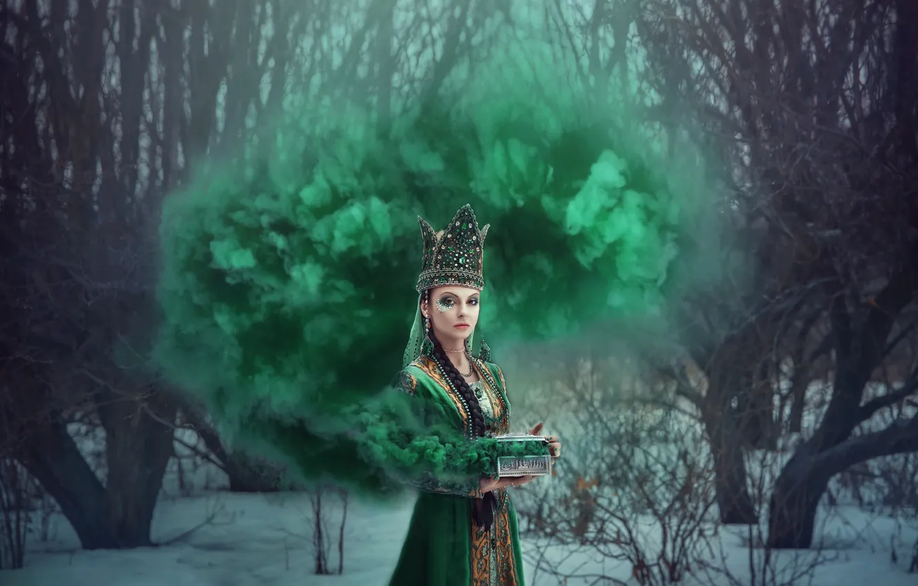 Photo wallpaper forest, girl, pose, fog, smoke, crown, fantasy, pair