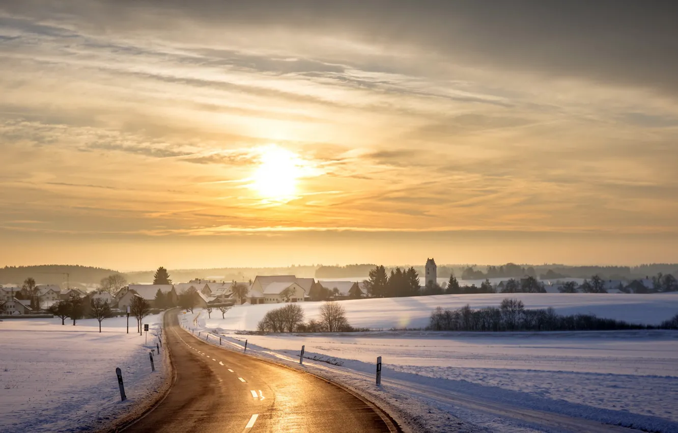 Photo wallpaper winter, road, snow, sunset, the city