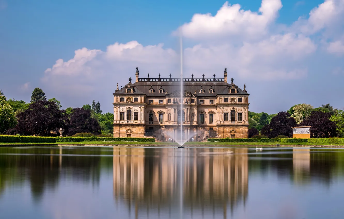 Photo wallpaper the sky, the sun, clouds, trees, pond, Park, castle, Germany