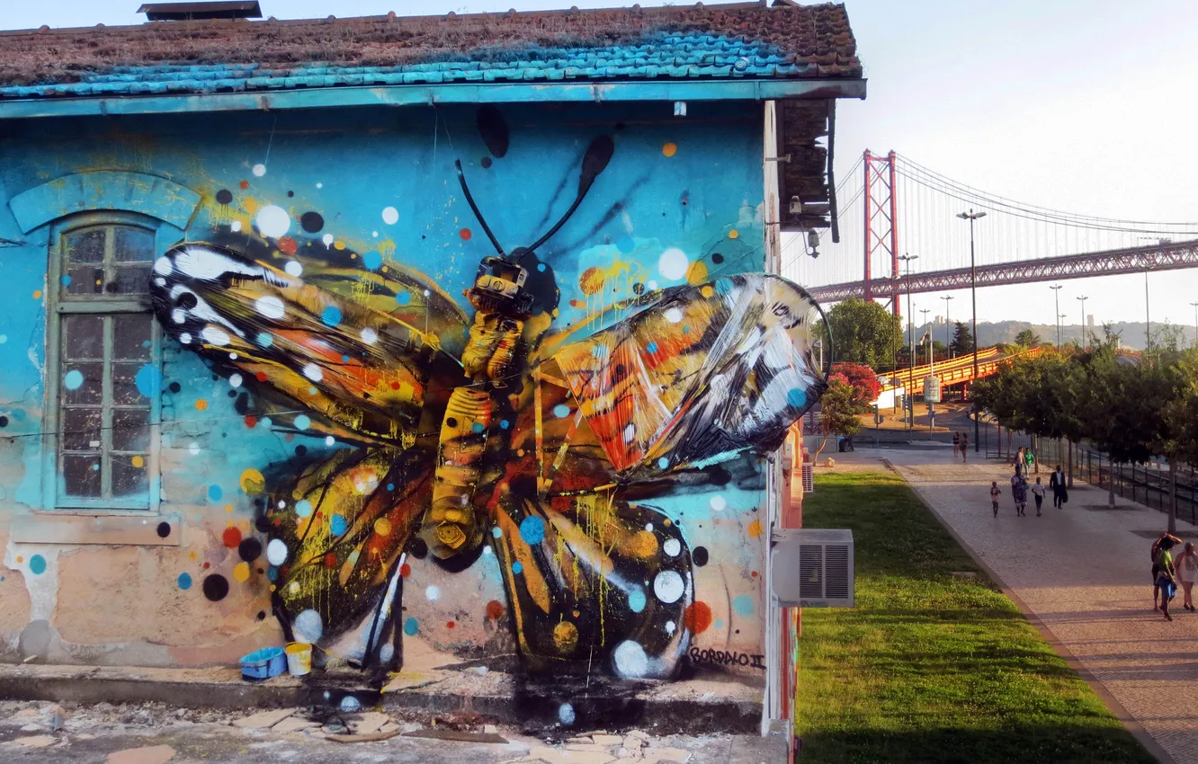 Photo wallpaper the sky, city, the city, people, street, butterfly, building, insect