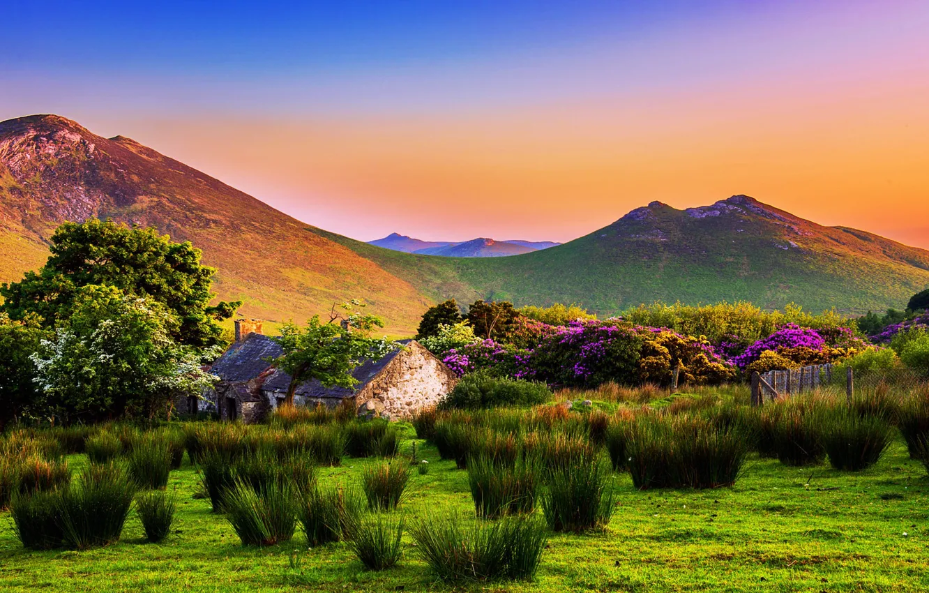 Photo wallpaper landscape, sunset, mountains, nature, house, garden, Ireland, plantings