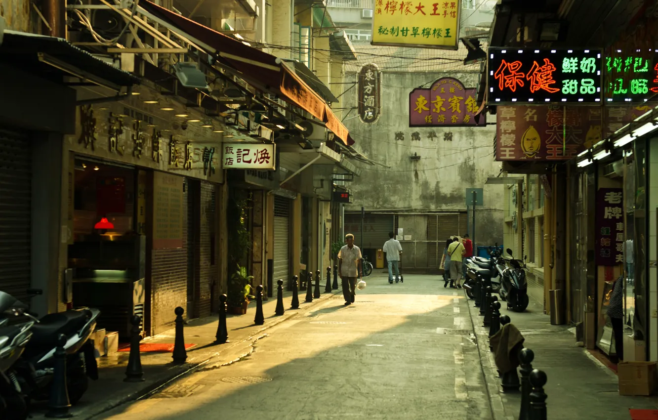 Photo wallpaper sunset, street, people, Macau, Chine