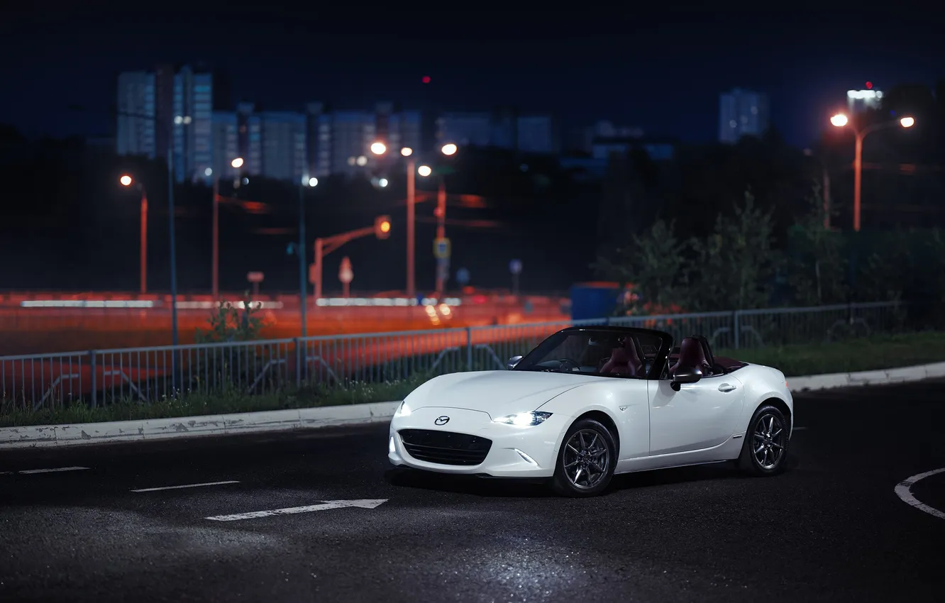 Photo wallpaper road, Roadster, night city, Mazda mx-5