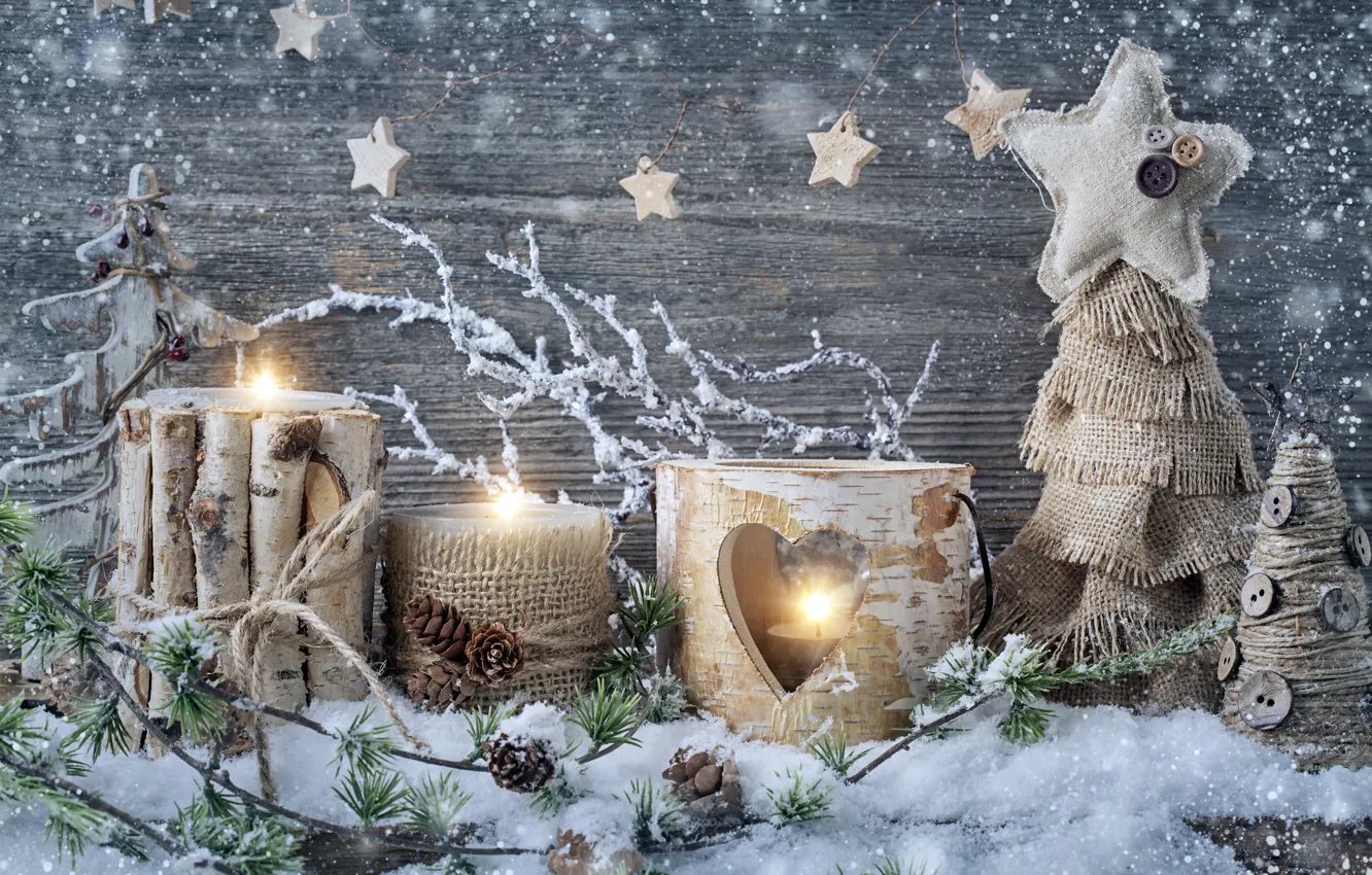 Photo wallpaper snow, decoration, candles, New Year, Christmas, Christmas, vintage, New Year