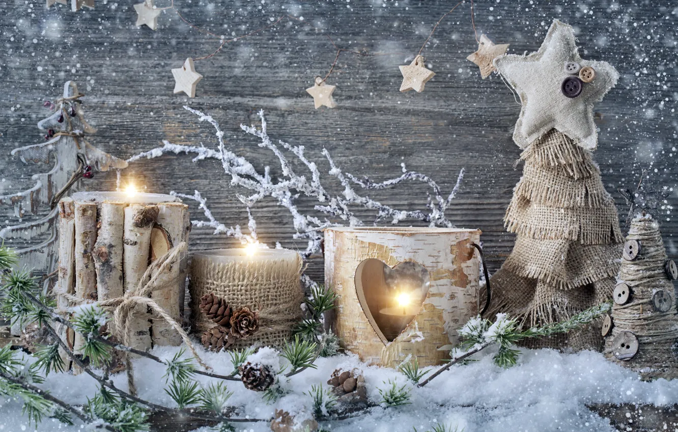 Photo wallpaper snow, decoration, new year, candles, Christmas, Christmas, vintage, New Year