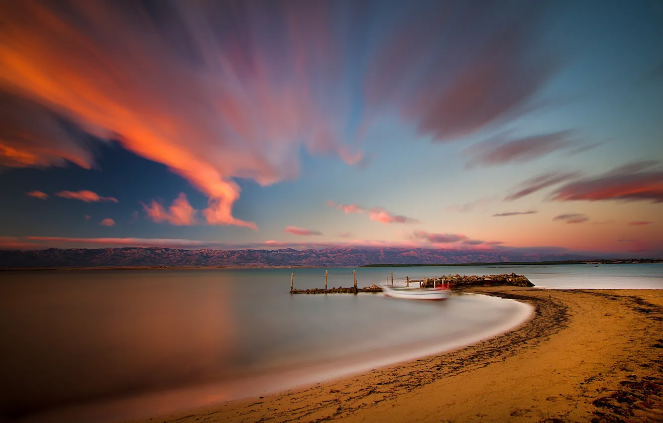Photo wallpaper sea, clouds, boat
