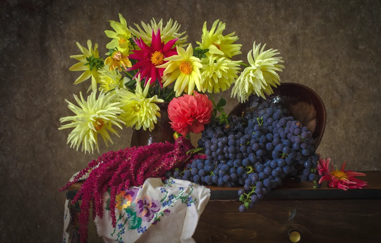 Photo wallpaper autumn, flowers, grapes, still life, dahlias, amaranth