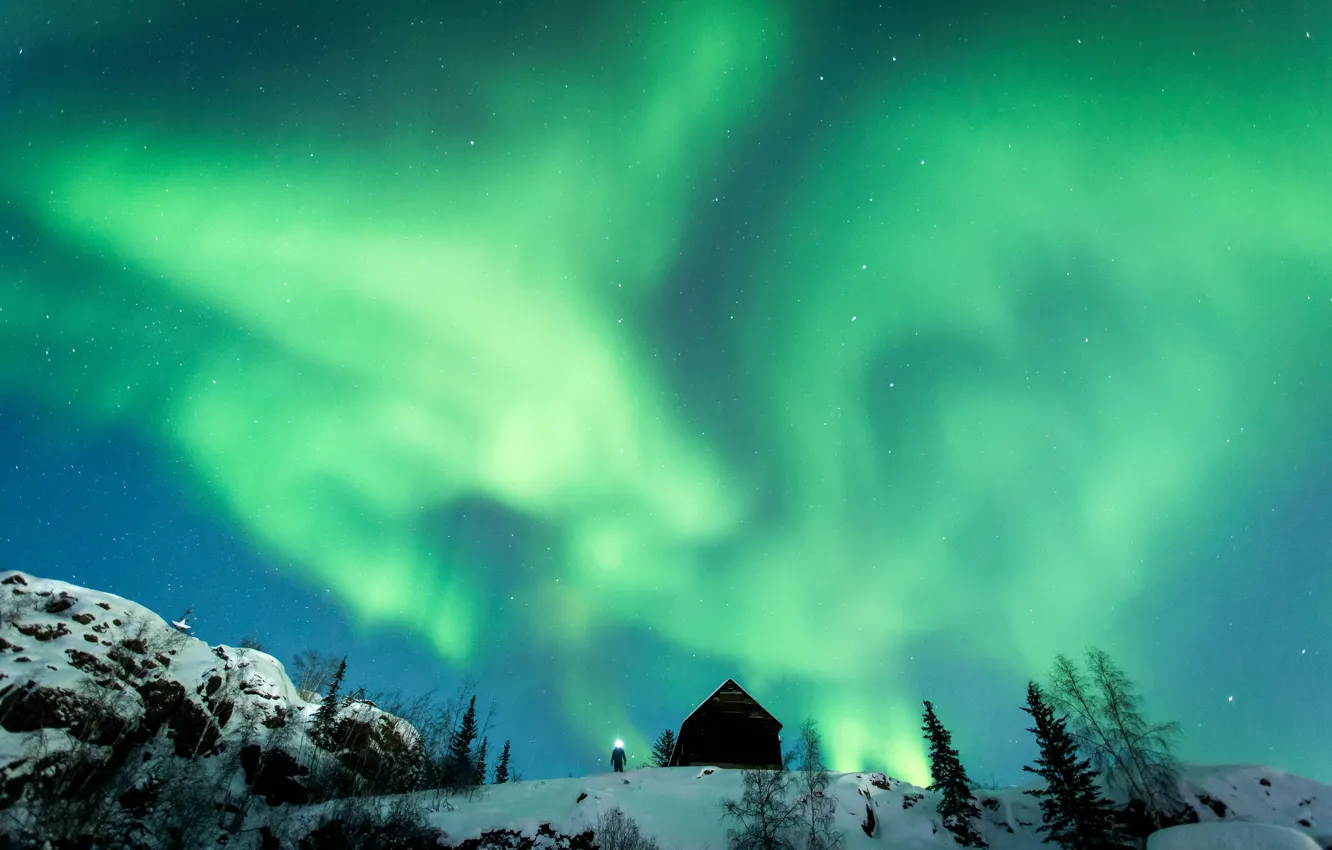 Photo wallpaper light, winter, snow, man, northern lights, hut, aurora borealis