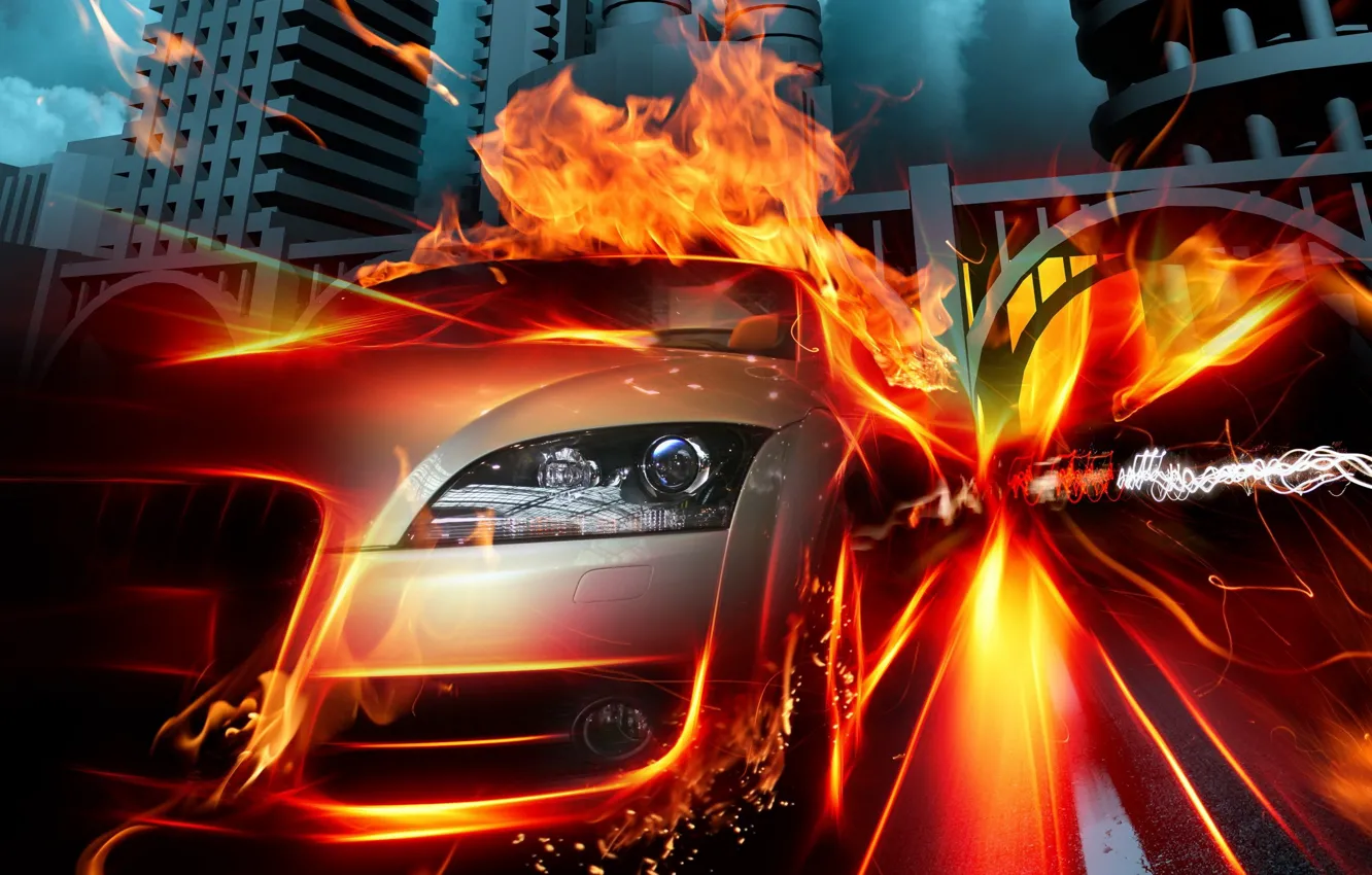 Photo wallpaper auto, fire, flame, speed