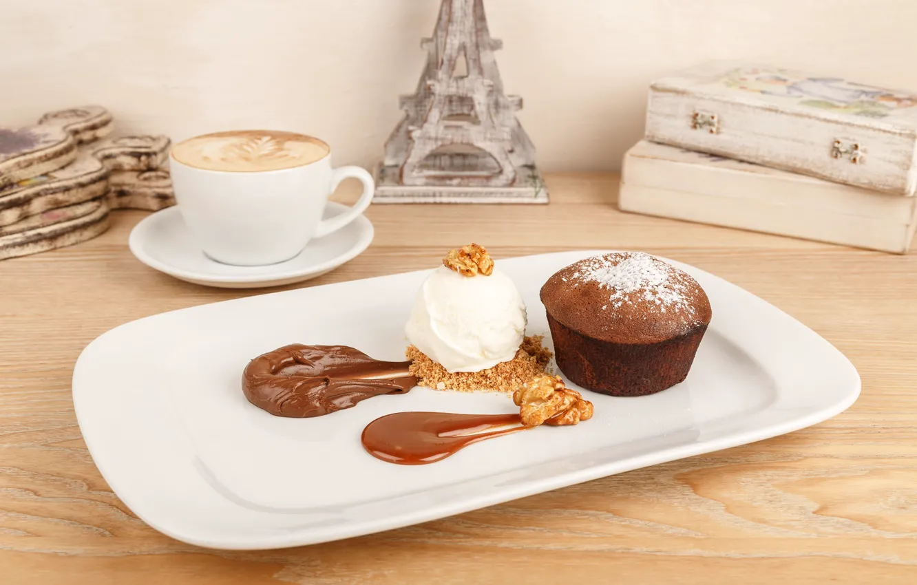 Photo wallpaper coffee, chocolate, cake, nuts, cupcakes, muffin