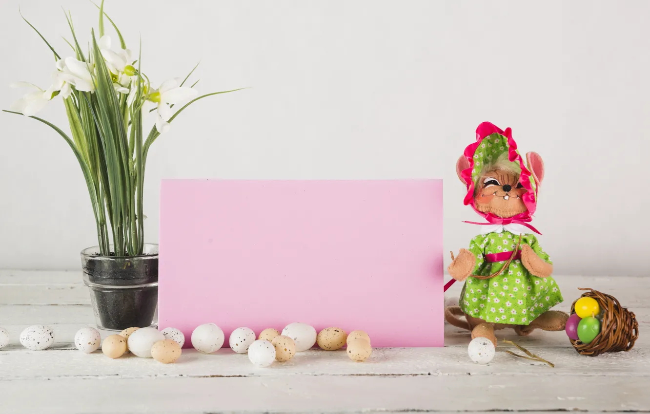 Photo wallpaper flowers, holiday, toy, eggs, spring, doll, Easter