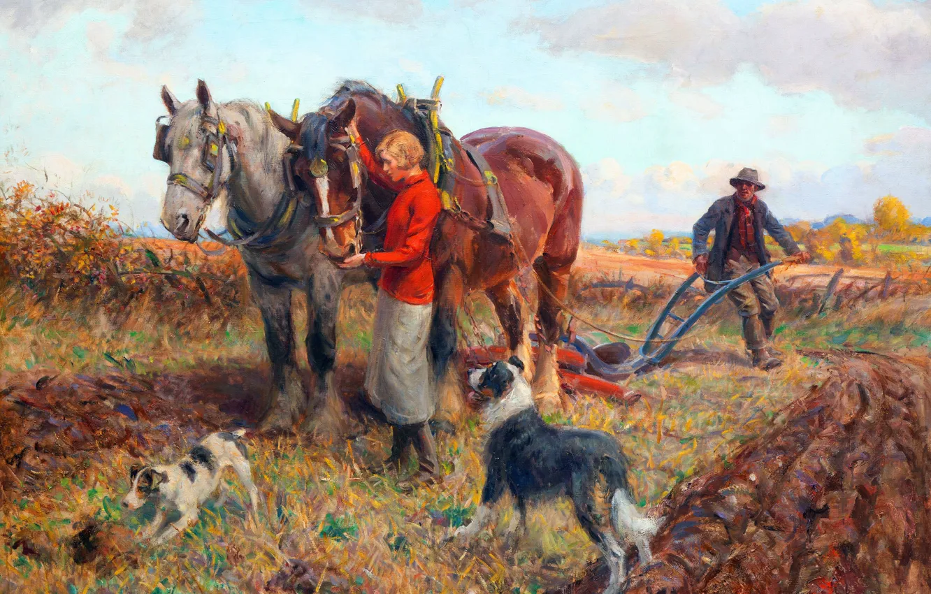 Photo wallpaper field, girl, horse, dog, picture, male, English painter, Rowland Wheelwright