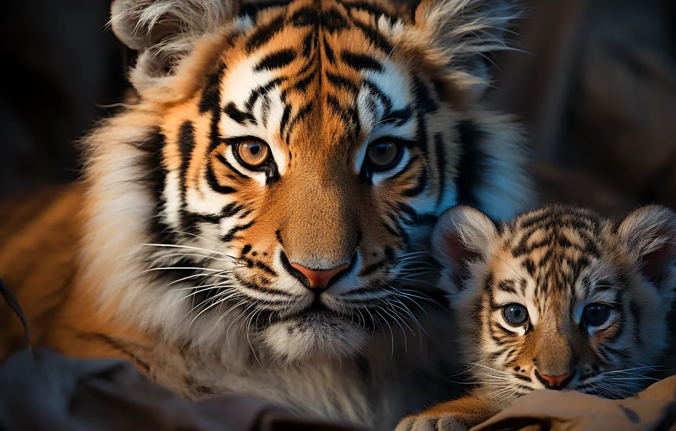 Photo wallpaper look, tiger, predator, kitty, two, digital art, AI art, The Art of Artificial Intelligence