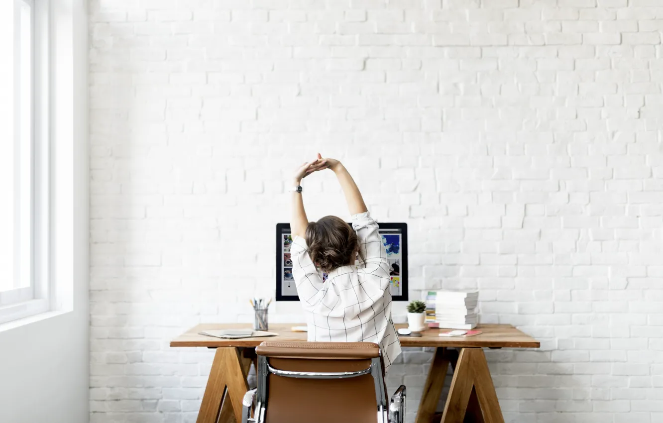 Photo wallpaper wall, woman, computer, back, work, elongation, Tired, office work