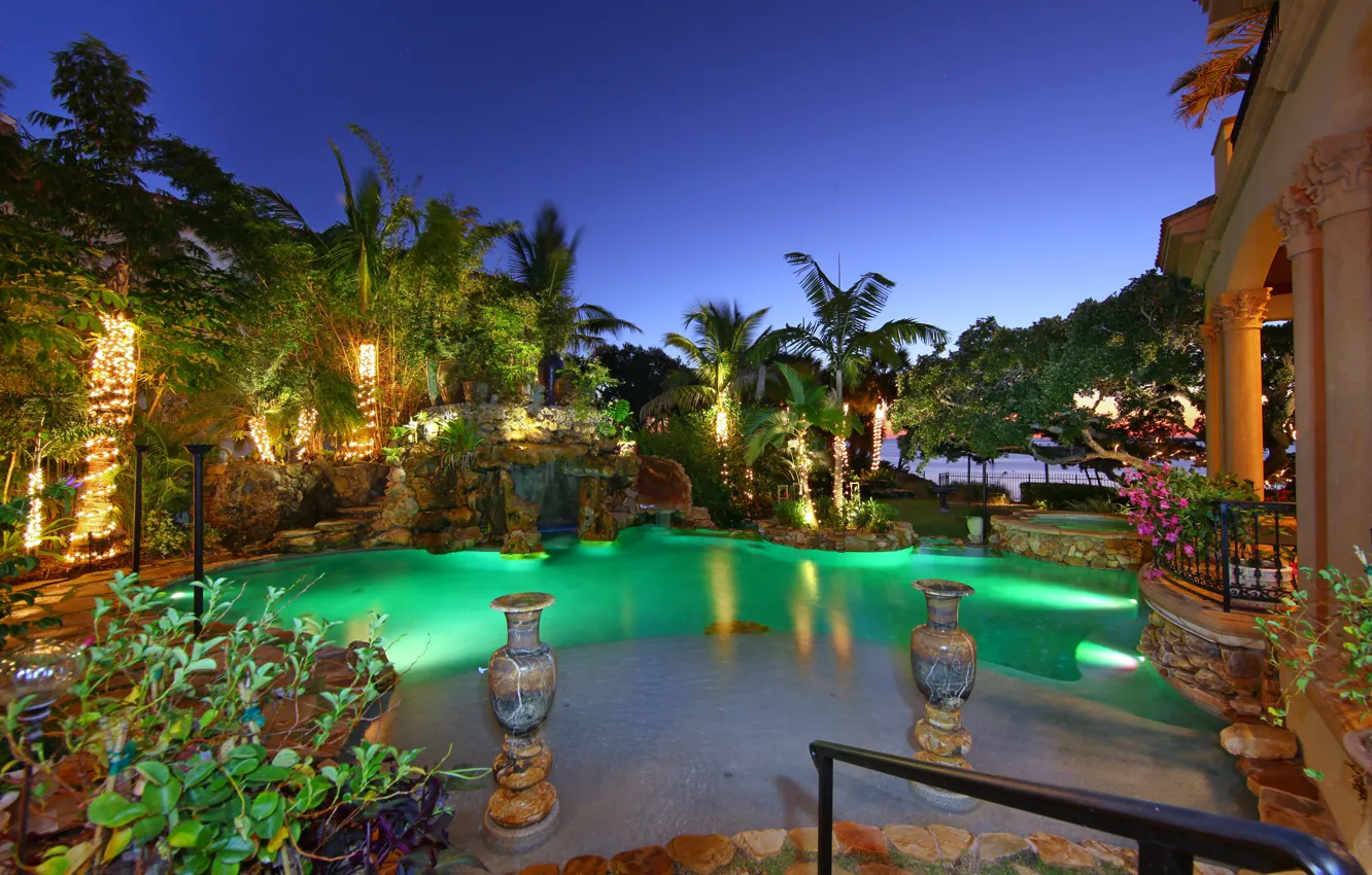 Photo wallpaper palm trees, the ocean, Villa, the evening, pool, lighting, resort