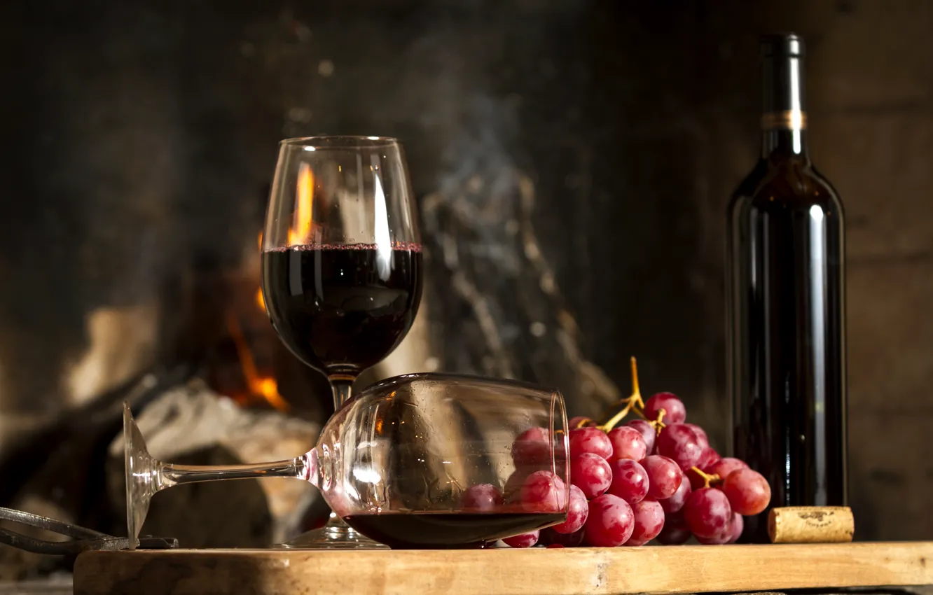 Photo wallpaper wine, red, bottle, glasses, grapes, Board