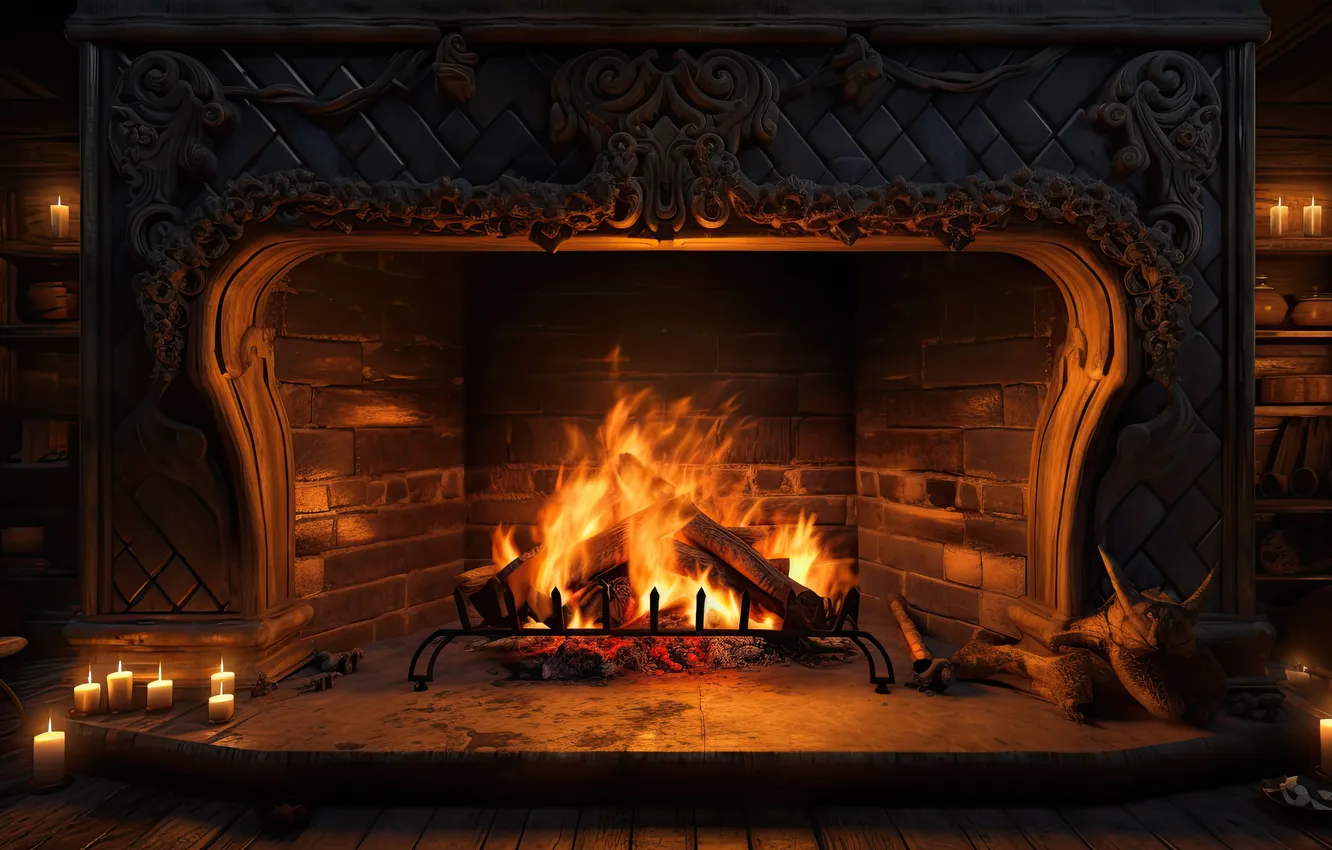 Photo wallpaper lights, comfort, room, the evening, fireplace, winter, fireplace, cozy