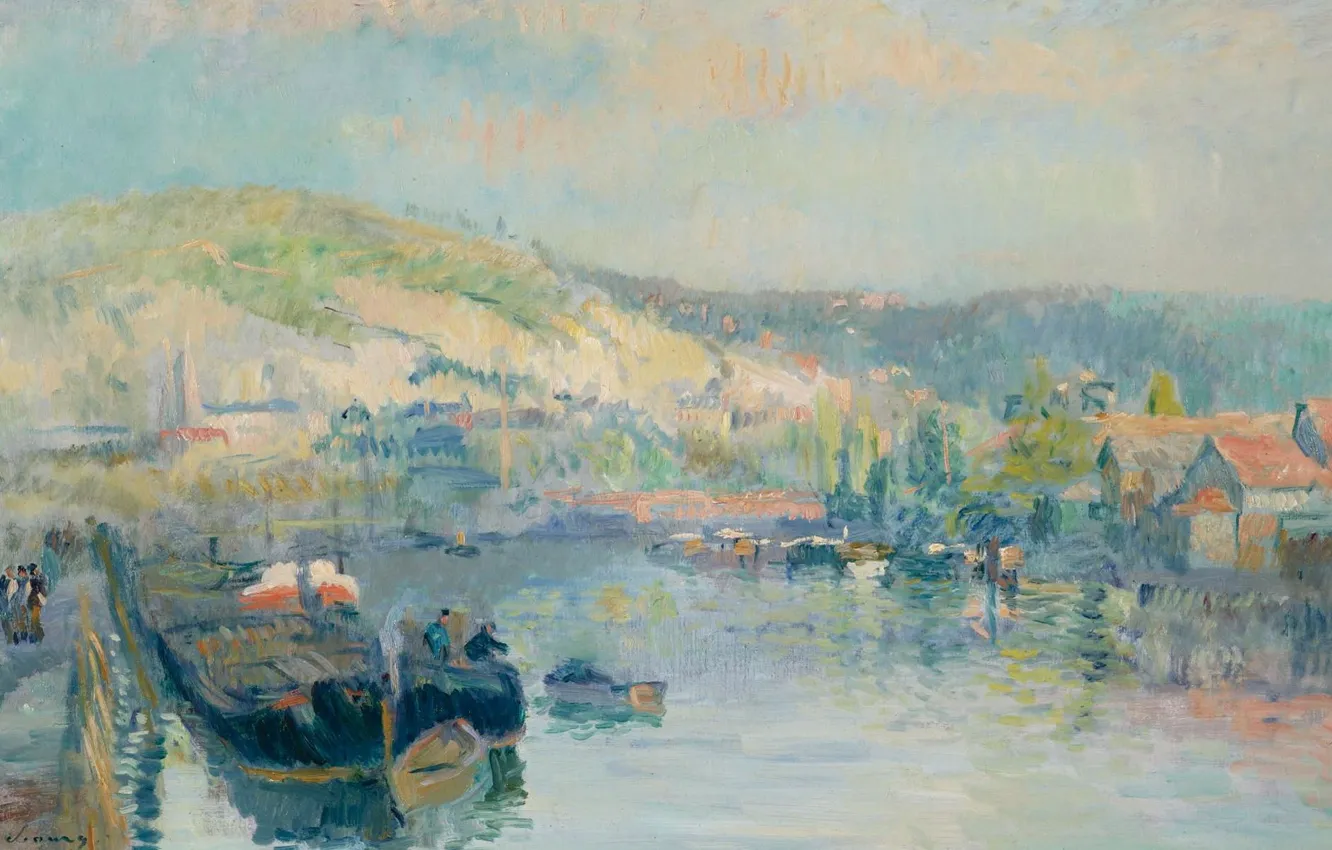 Photo wallpaper landscape, river, picture, Albert Charles Lebar, Albert Lebourg, Sailing Boat on the Seine near Rouen