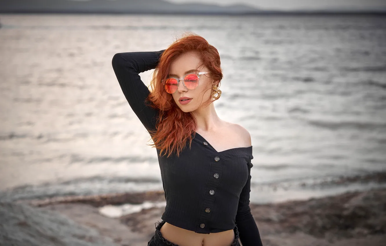 Photo wallpaper landscape, sexy, pose, river, model, skirt, portrait, makeup