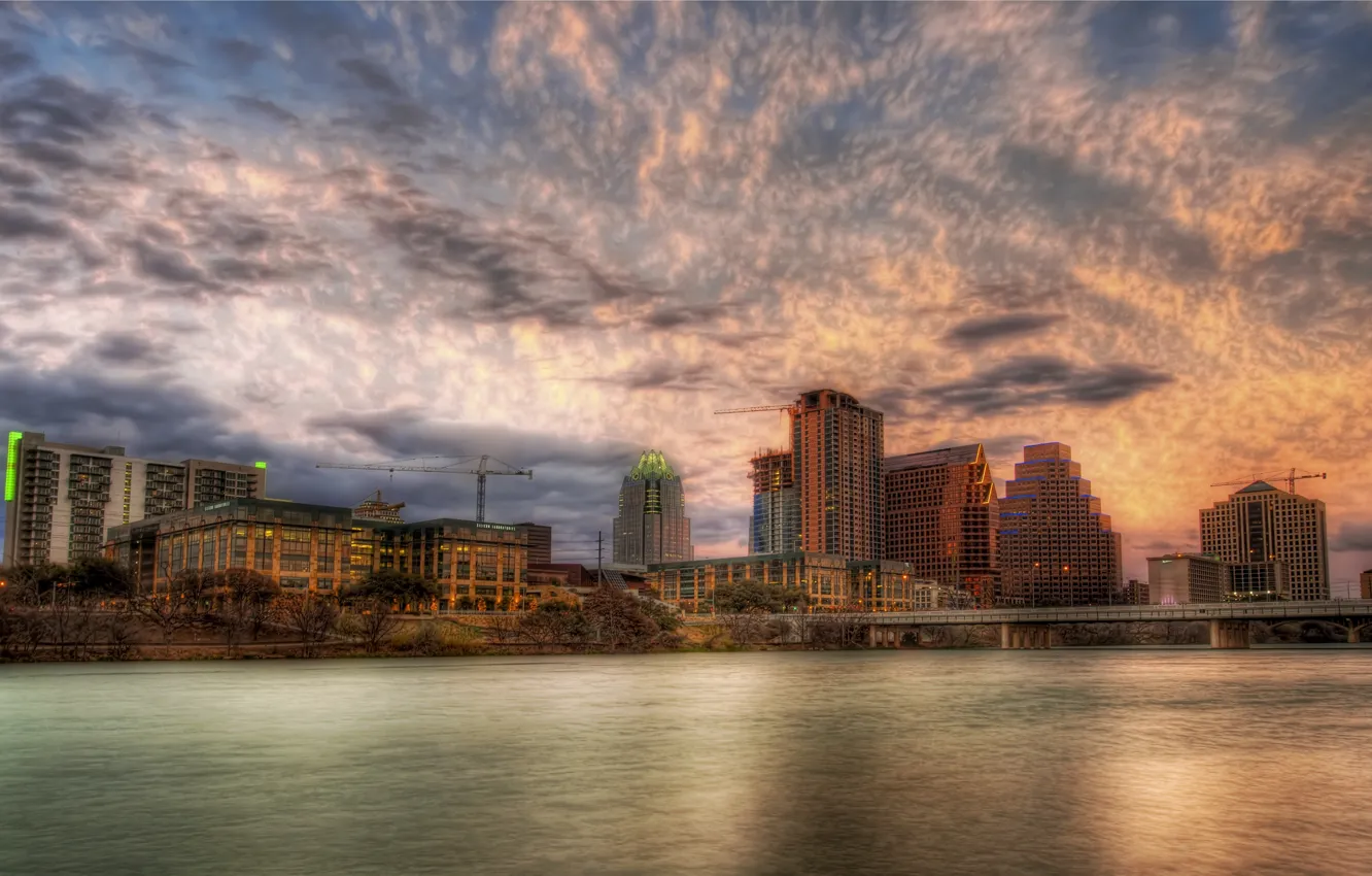 Photo wallpaper clouds, sunset, river, Sunset, Austin