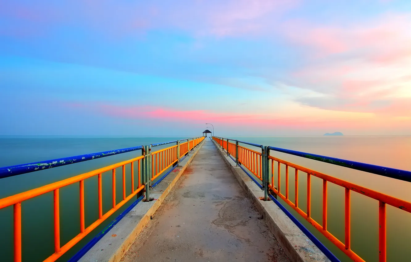 Photo wallpaper sea, the sky, clouds, sunset, the fence, pierce