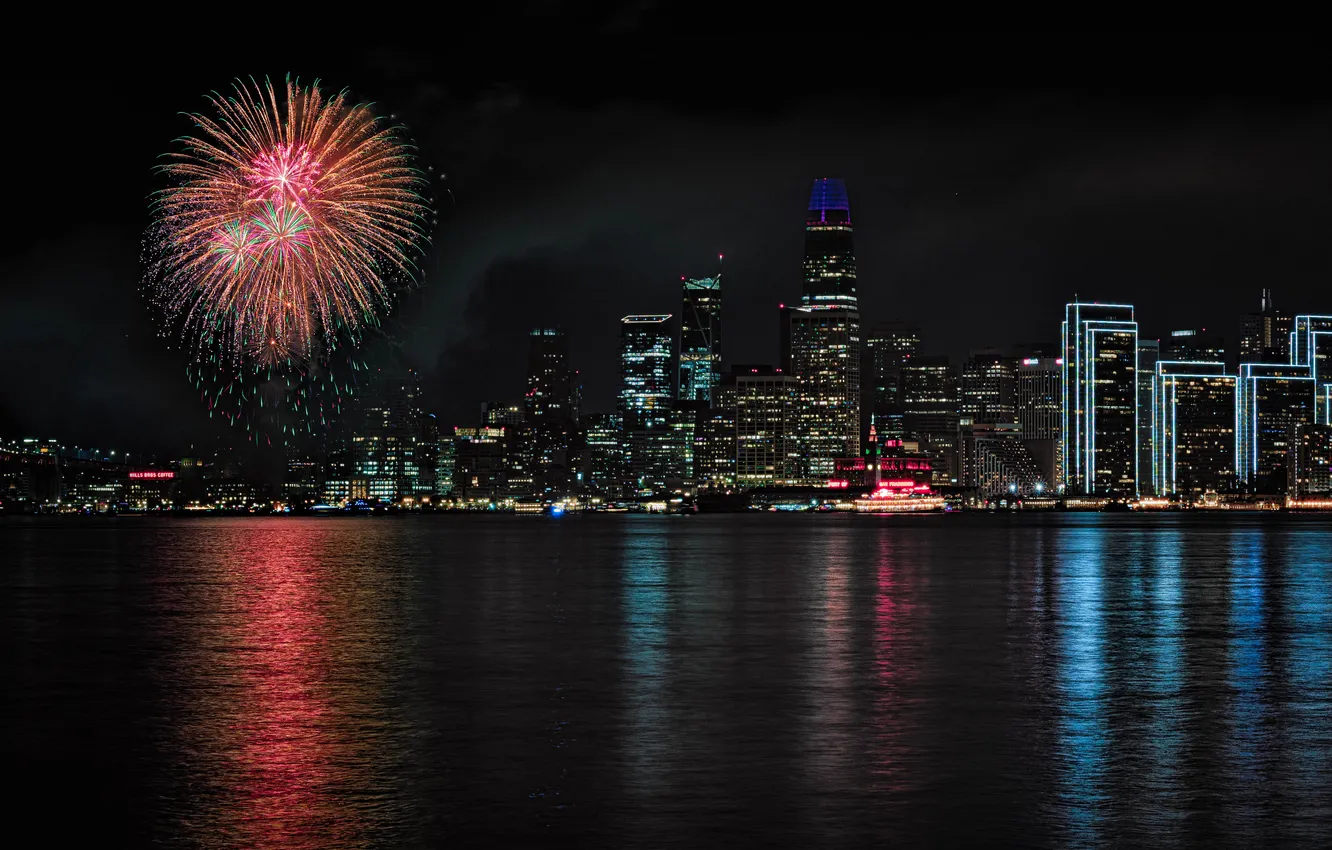 Photo wallpaper city, night, fireworks