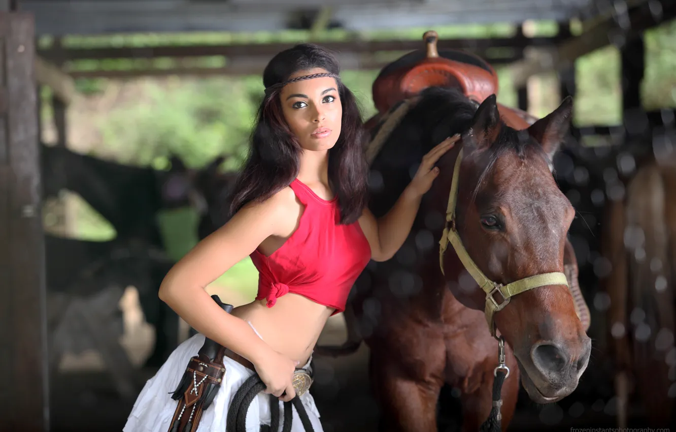 Photo wallpaper girl, horse, model, brunette, photoshoot