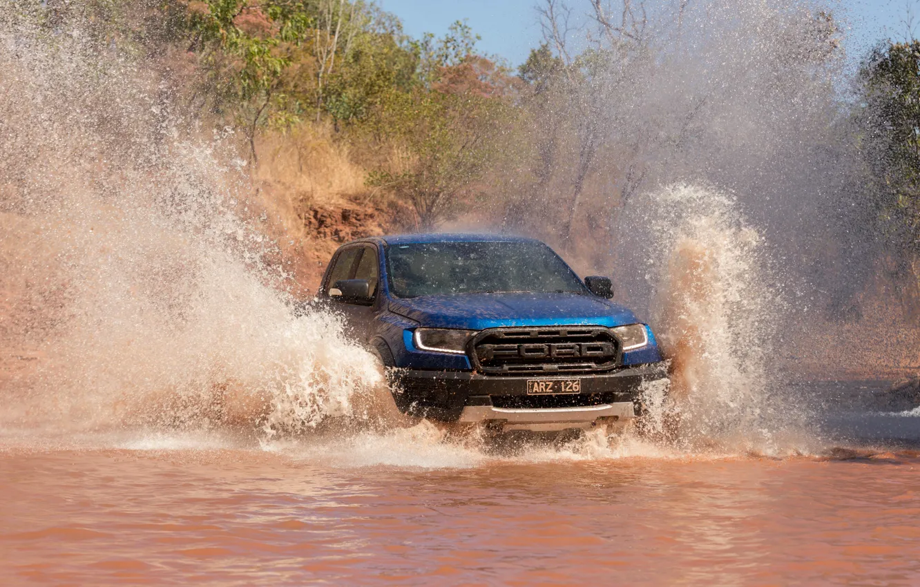 Photo wallpaper squirt, blue, Ford, Raptor, pickup, pond, 2018, Ranger