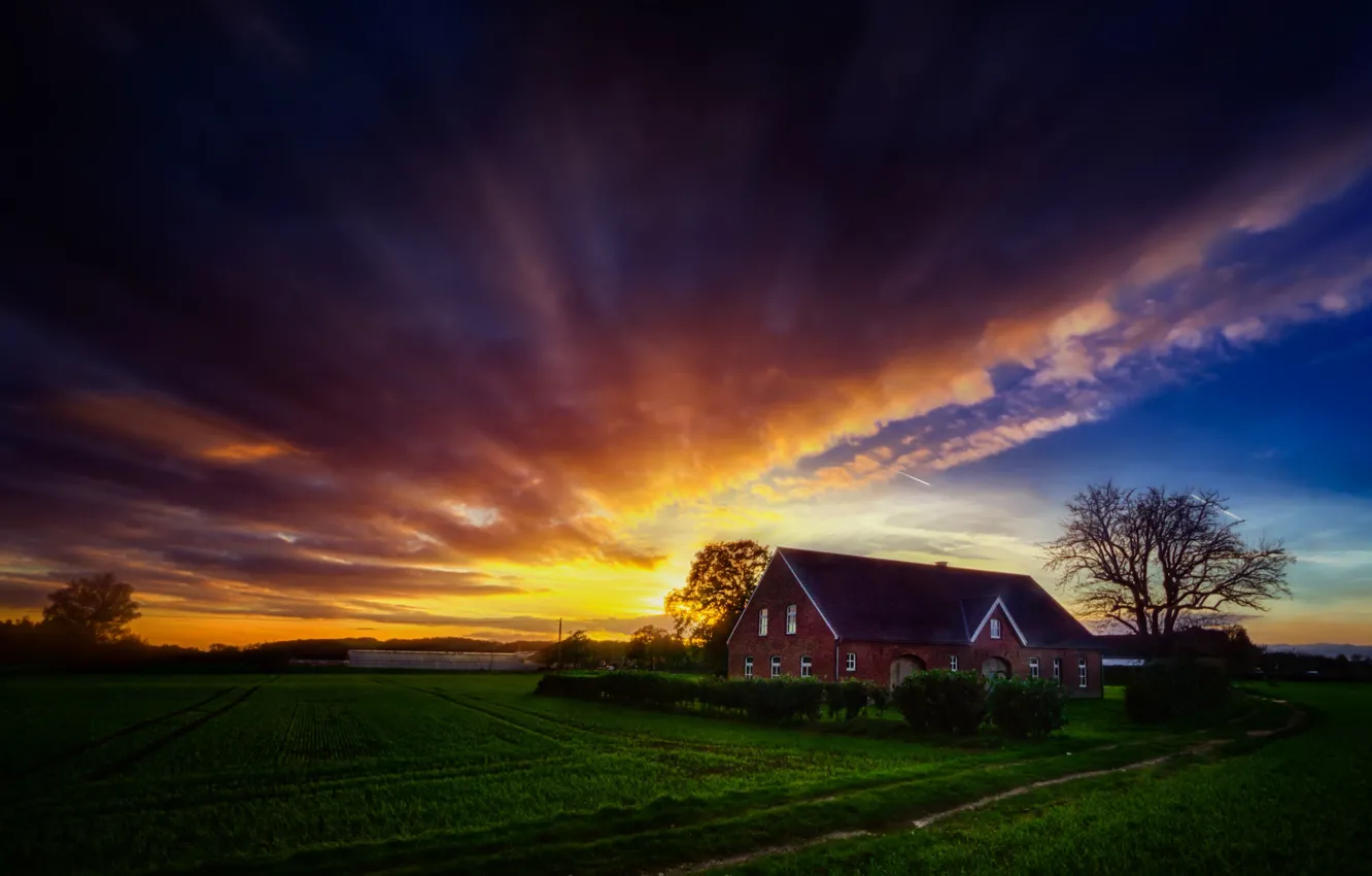 Photo wallpaper field, clouds, home, Germany, farm
