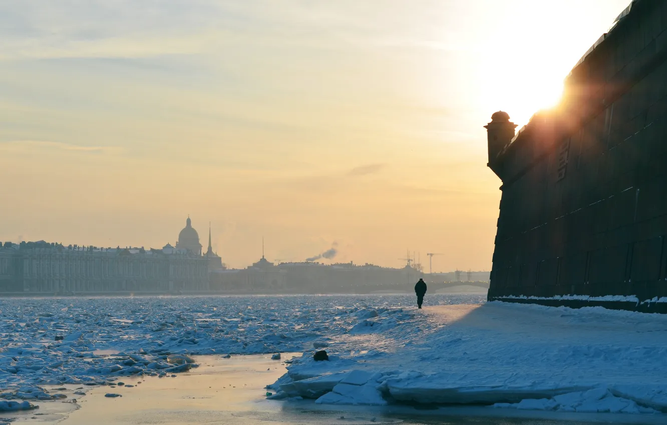 Photo wallpaper winter, the sun, snow, sunset, the city, river, loneliness, wall