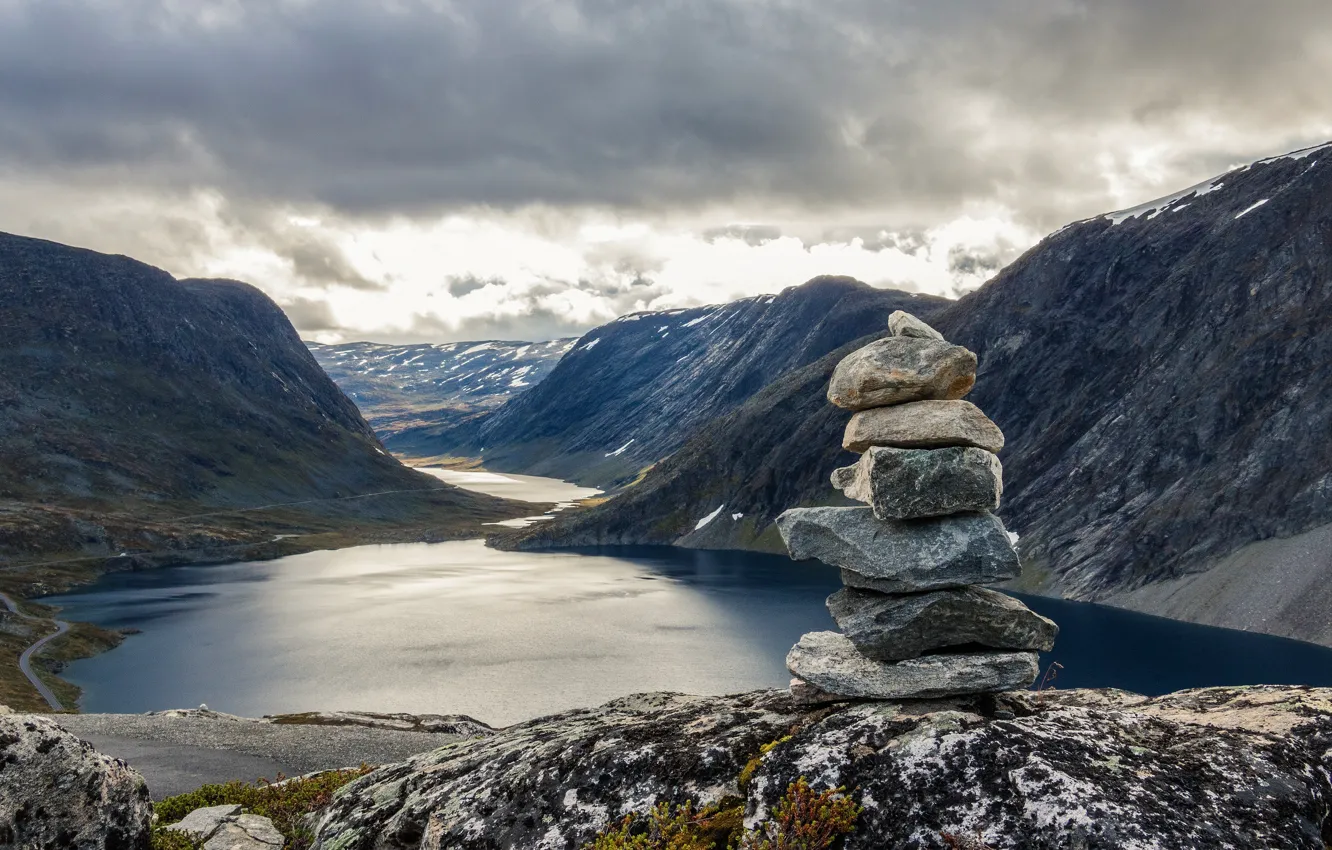 Photo wallpaper clouds, mountains, lake, river, stones, overcast, rocks, shore