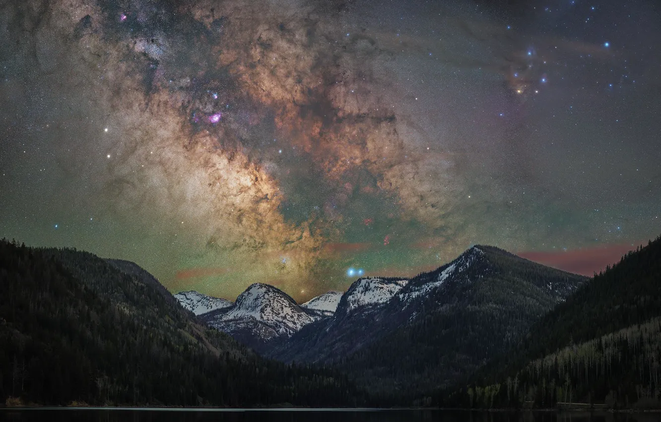 Photo wallpaper forest, space, stars, snow, mountains, night, shore, tops